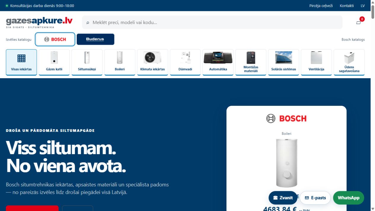 SIGATS interneta veikala gazesapkure.lv sākumlapa ar Bosch un Buderus katalogu izvēli